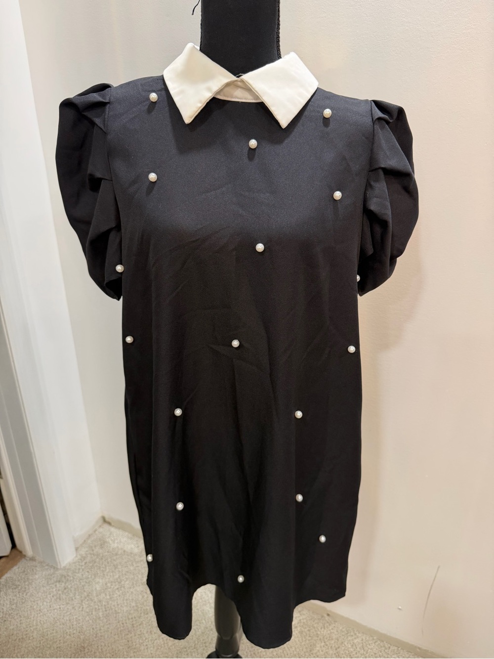 SHEIN Black Mini Dress with White Collar and Pearl Accents